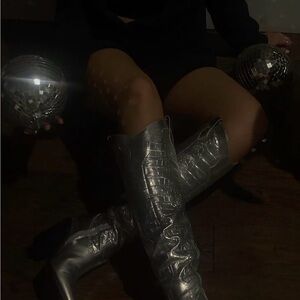 Silver Nine West Kliva Western Croc Cowgirl Boots